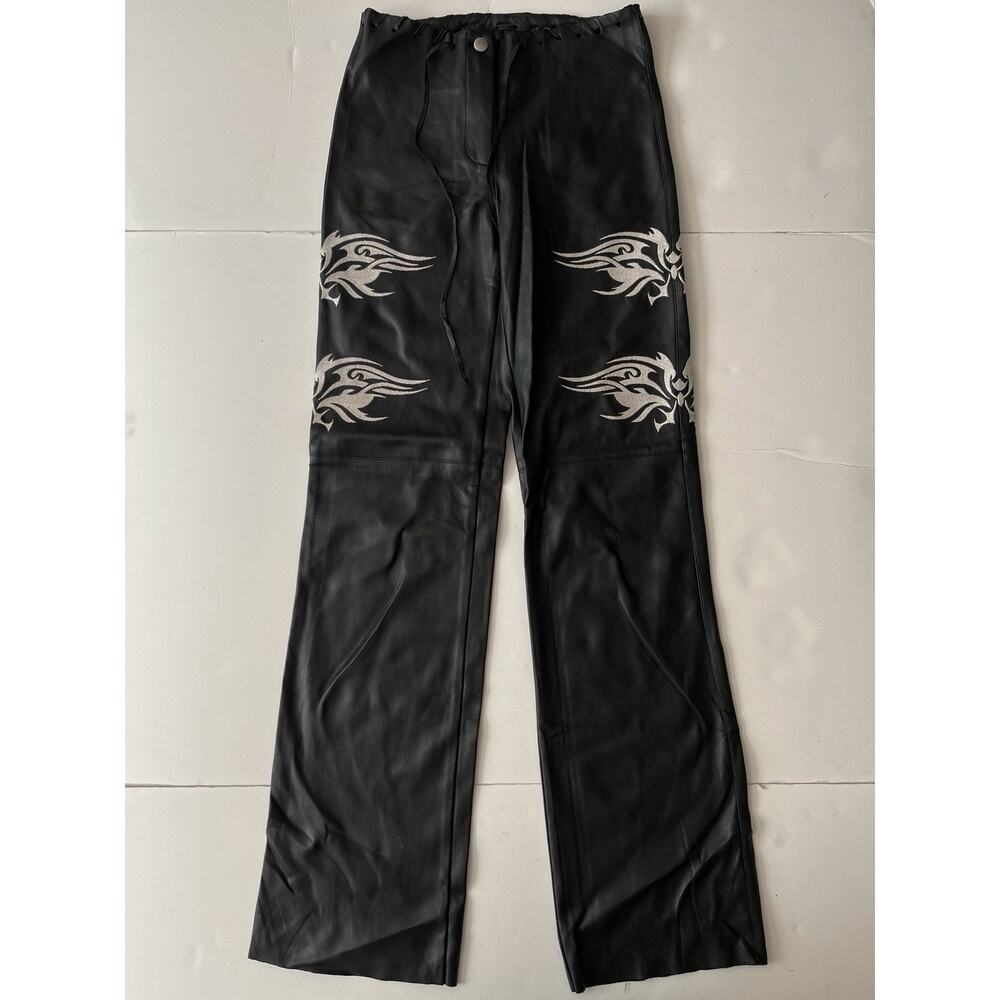 I AM GIA Faux Leather Pants Women 26x32 Black Embroidered Raw Hem Stretch Biker - Picture 3 of 11